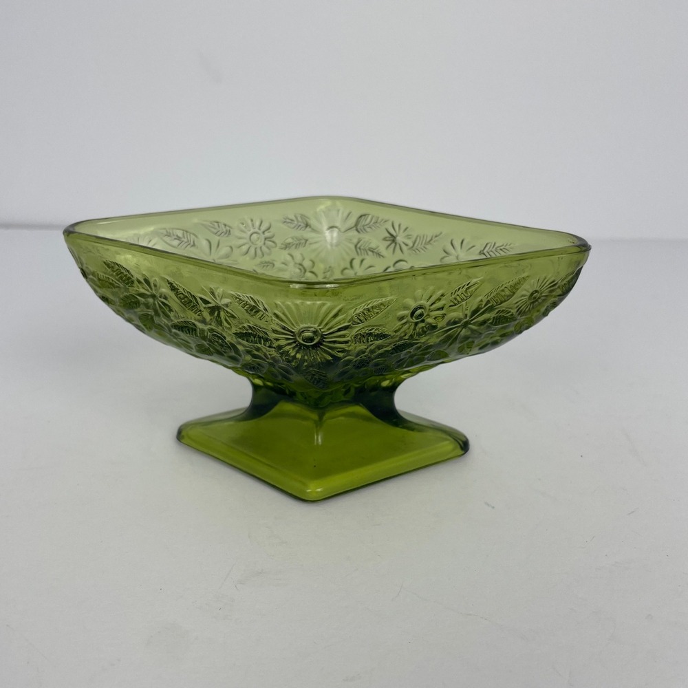 Vintage Indiana Glass Avocado Green Floral Footed Pedestal Candy Dish Bowl